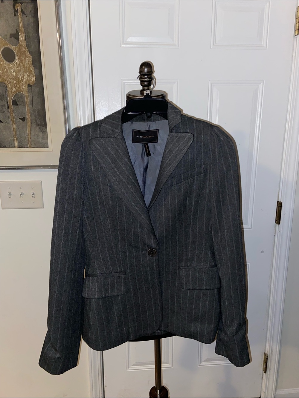 BCBGMAXAZRIA Women’s Blazer Suit Jacket Size XS Grey Pinstripe Single Button